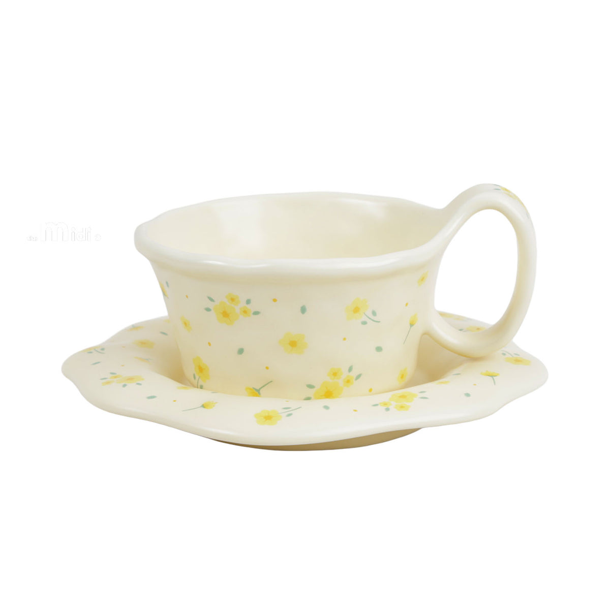 Yellow flower ceramic coffee cup and saucer set, 260 ml