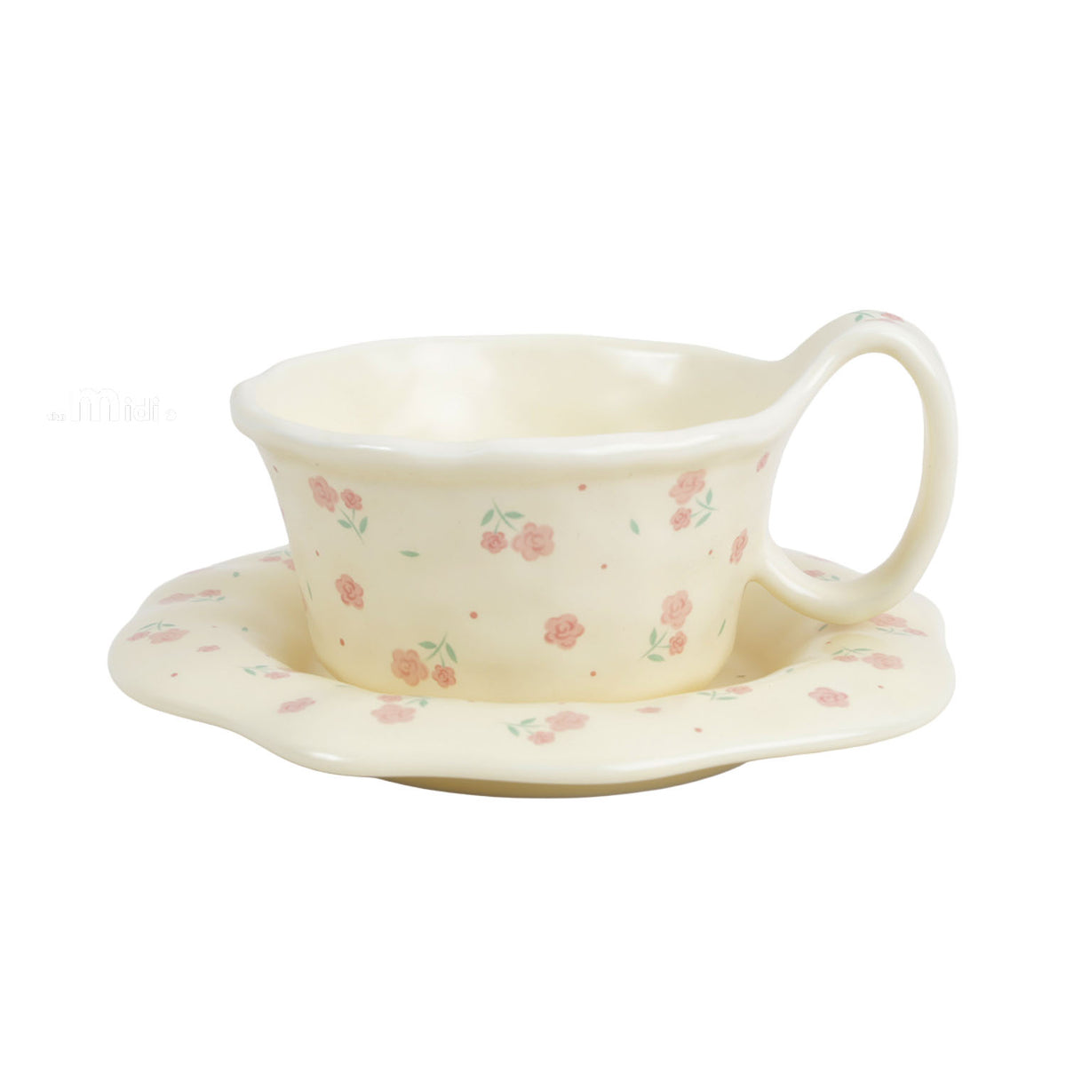 Pink flower ceramic coffee cup and saucer set, 260 ml