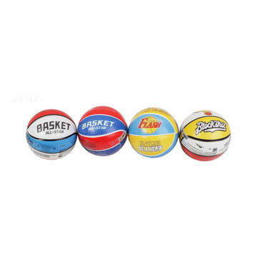 Set of four mini PU basketballs with printed logos in blue, red, yellow, and white.