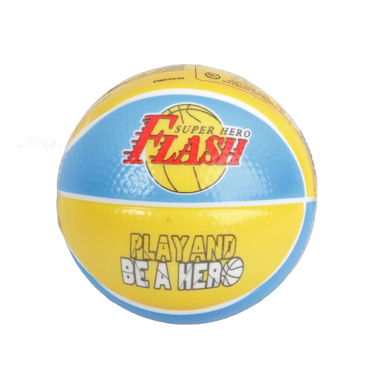 Mini PU basketball with blue-and-yellow panels and “Super Hero Flash” logo.