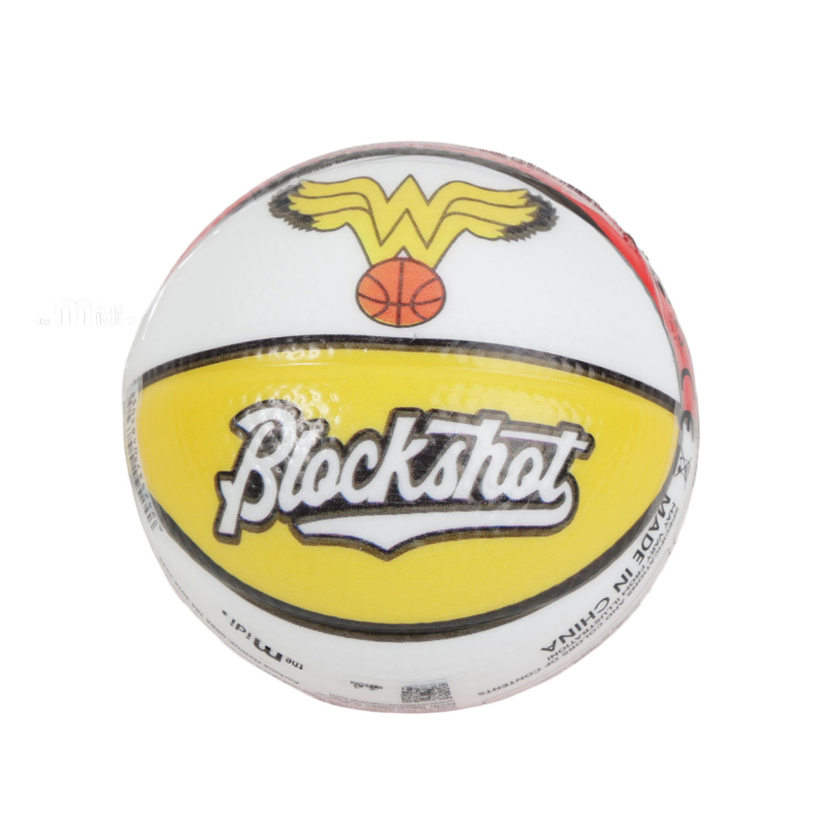 Mini PU basketball with white and yellow panels and “Blackshot” logo.