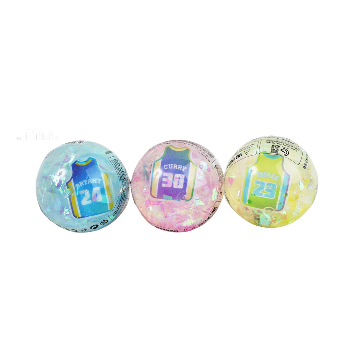 Iridescent basketball bouncy ball mix, three small balls with player names and numbers