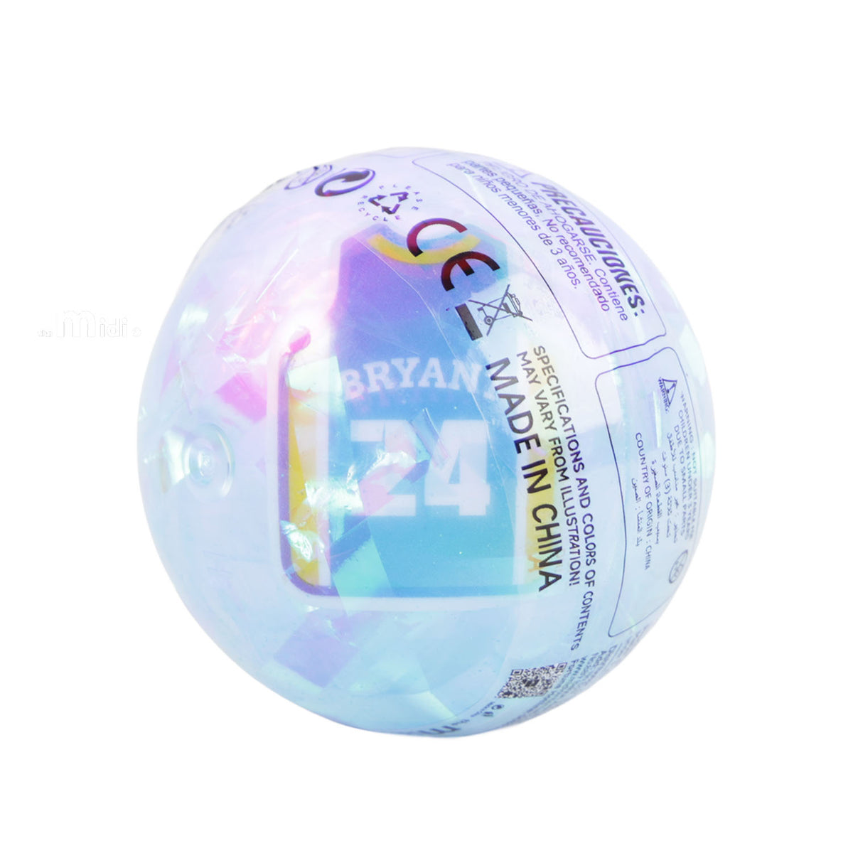 Iridescent light-blue basketball bouncy ball with BRYANT 24 design and printed text