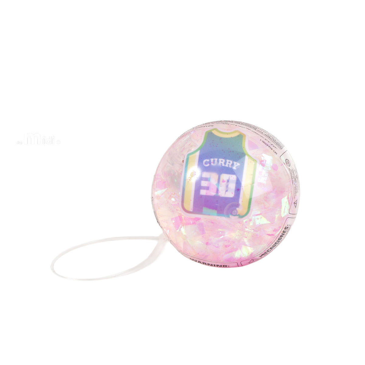 Iridescent pink basketball bouncy ball with CURRY 30 print and attached white string