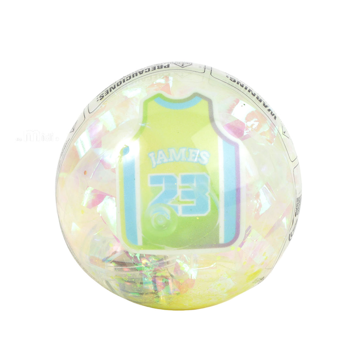 Iridescent yellow-green basketball bouncy ball with player name and number graphic