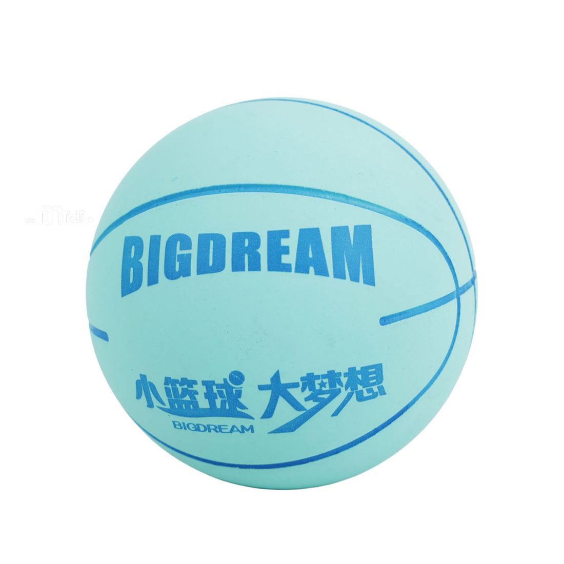 Light blue hollow basketball with blue seam lines and a printed graphic on a white background.