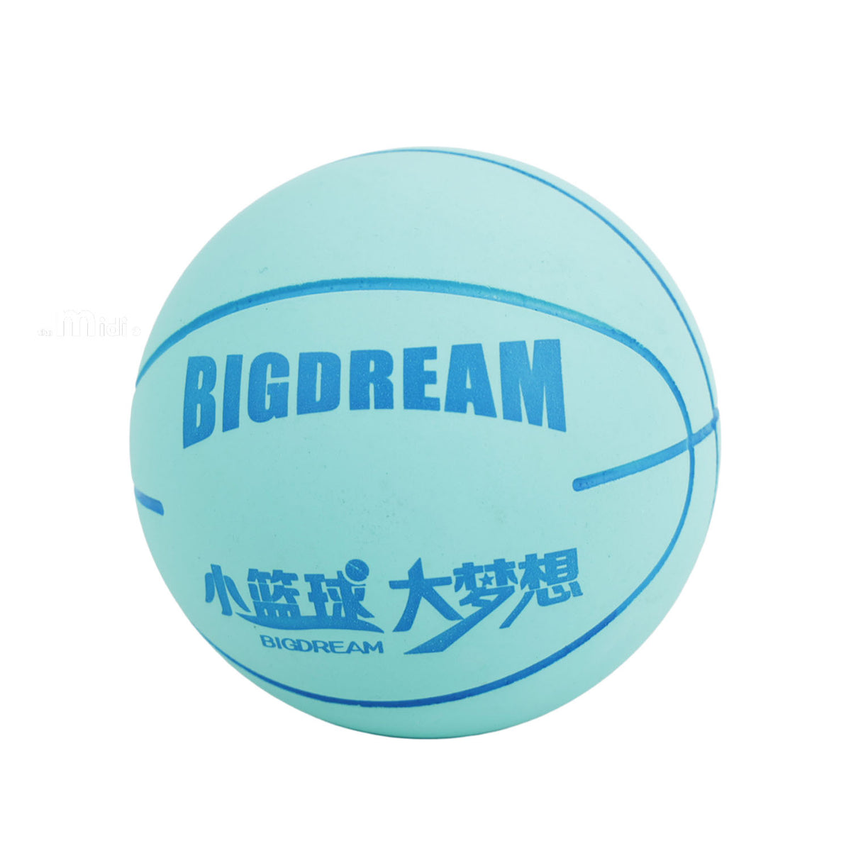 Light blue hollow basketball with blue seam lines and a printed graphic on a white background.