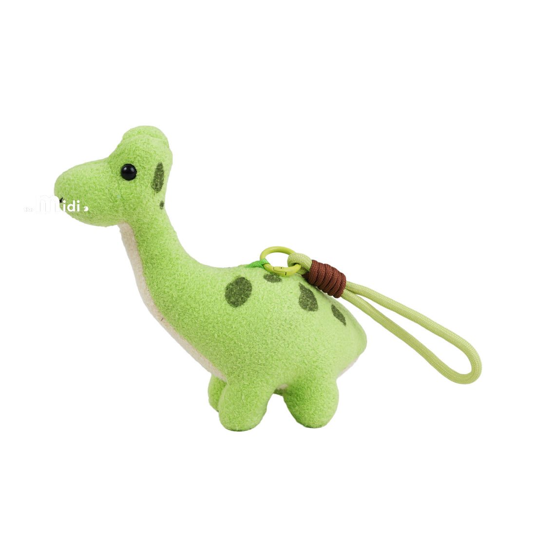 Green plush brontosaurus pendant with loop cord and brown collar detail
