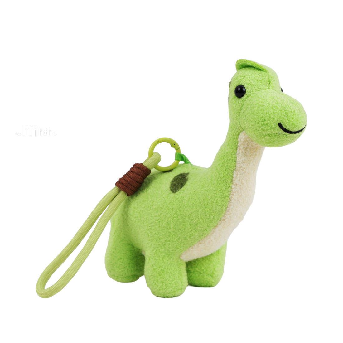 Green plush brontosaurus pendant keychain, side view, with loop cord and brown band