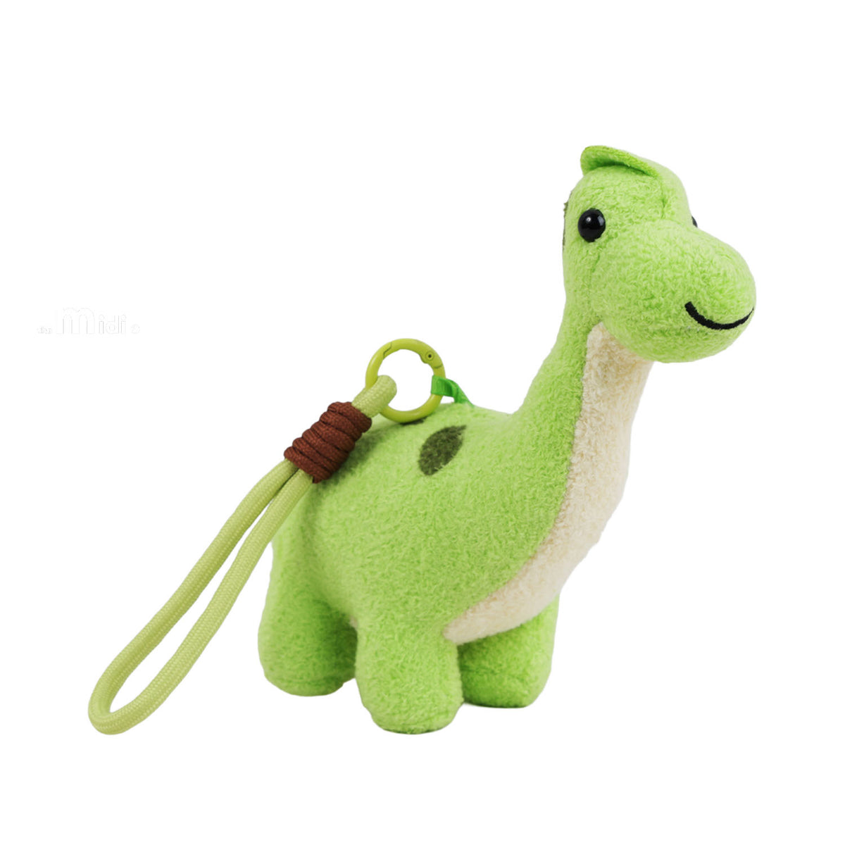 Green plush brontosaurus pendant keychain, side view, with loop cord and brown band