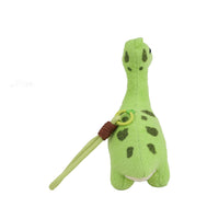 Green plush brontosaurus pendant, small standing view with loop cord and brown band