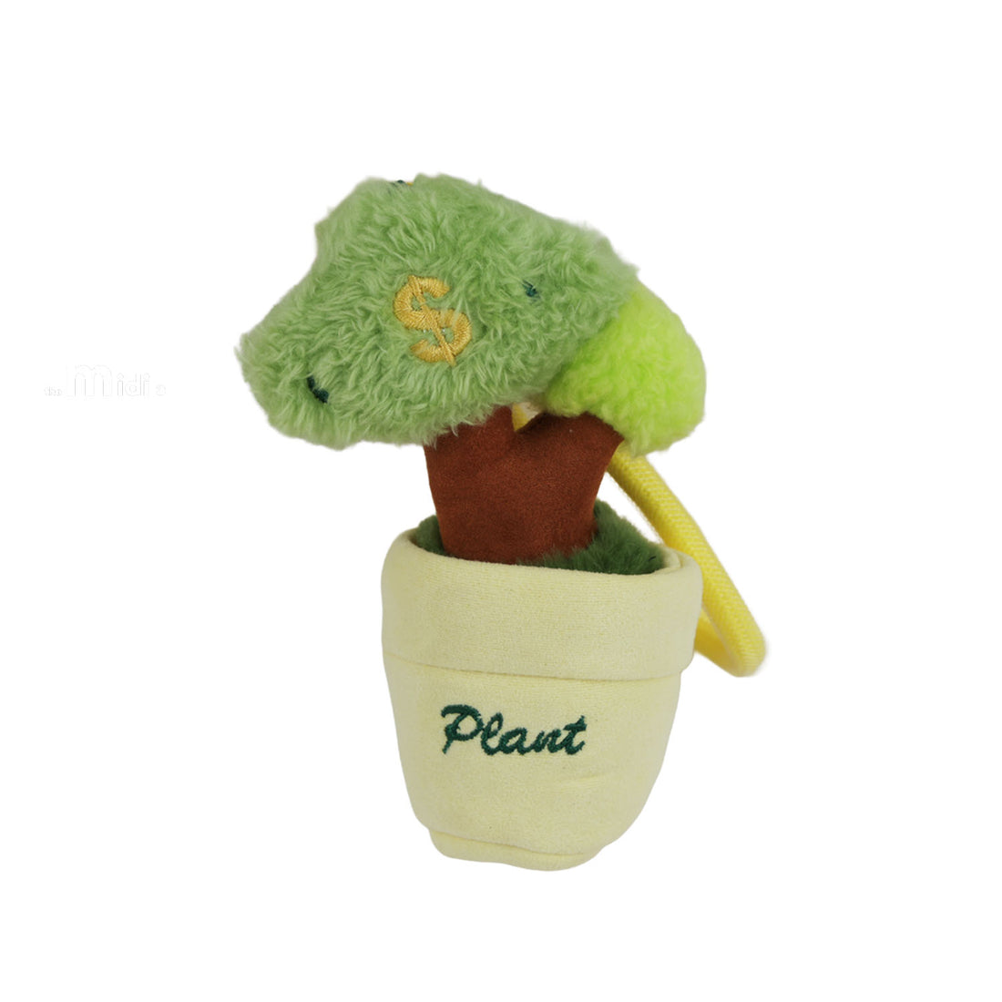 Fortune tree pendant plush: green leaf top, brown trunk, beige pot marked 'Plant'.