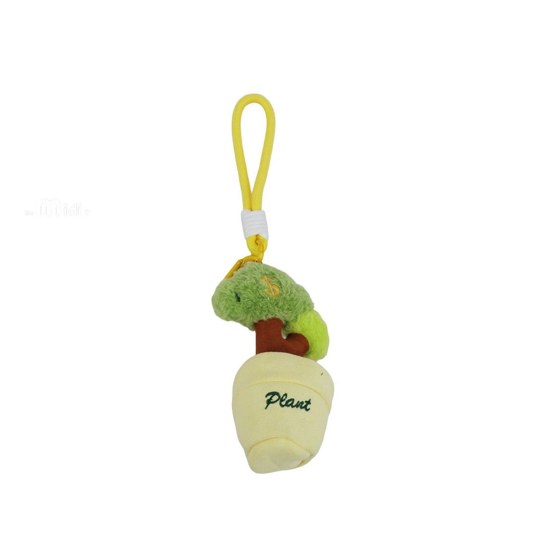 Fortune tree pendant hanging plush with yellow loop; green leaves over brown trunk and beige pot.