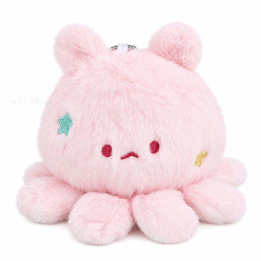 Pink plush keychain with embroidered face, teal star patch and yellow accent