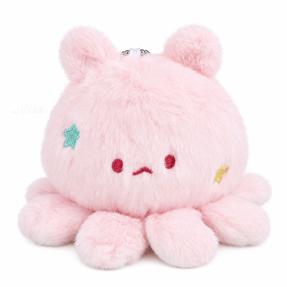 Pink plush keychain with embroidered face, teal star patch and yellow accent