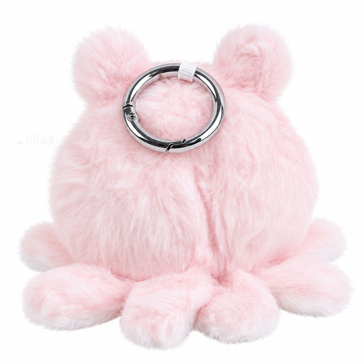 Pink plush keychain with metal ring attachment, embroidered snout and ears