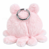 Pink plush keychain with metal ring attachment, embroidered snout and ears