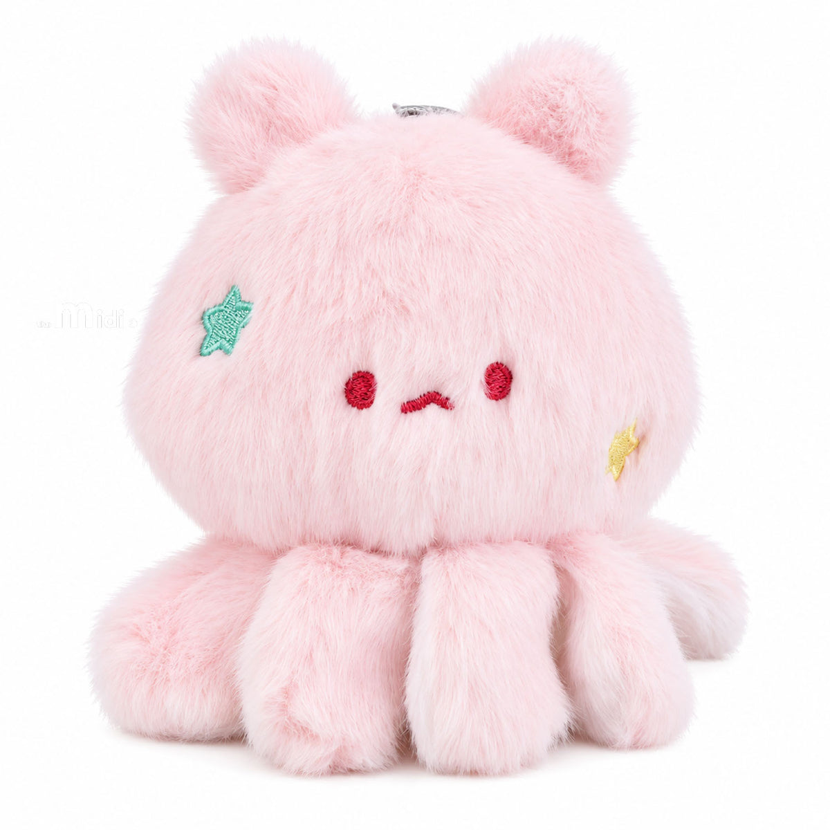 Pink plush keychain with embroidered face, teal star patch, red and yellow accents