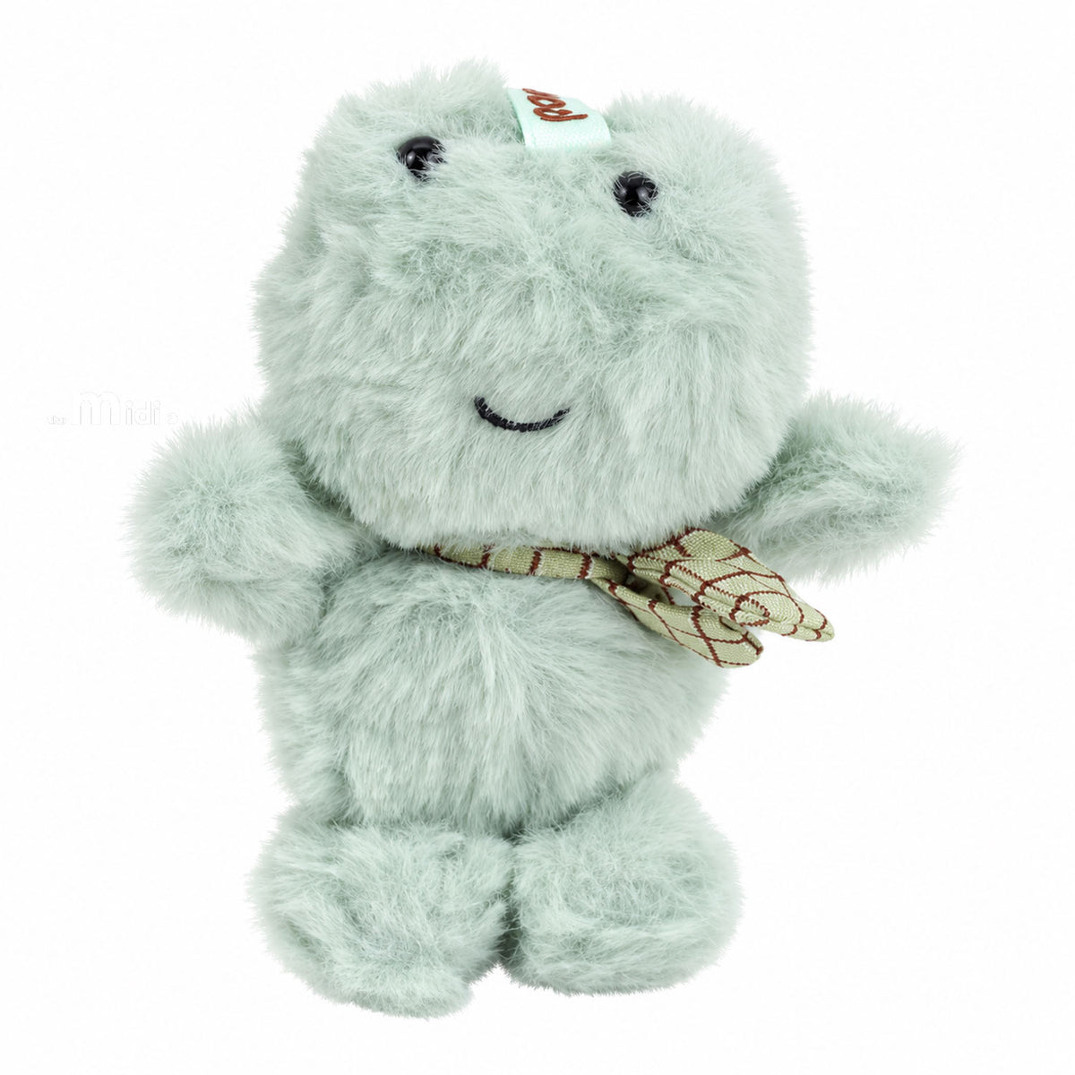 Mint plush frog keychain with stitched smile and plaid belly strap