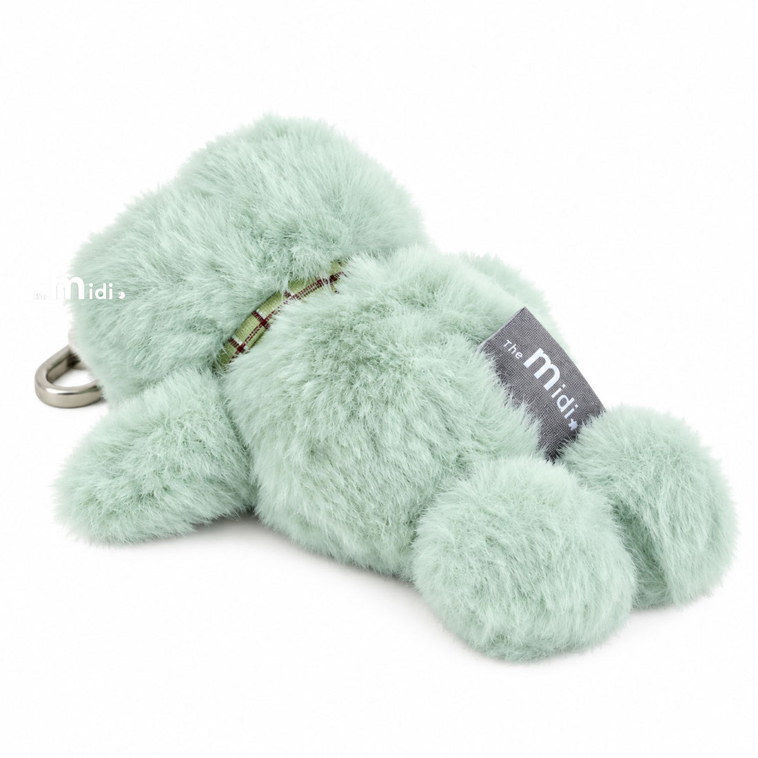 Mint green plush frog keychain with midi tag and metal keyring