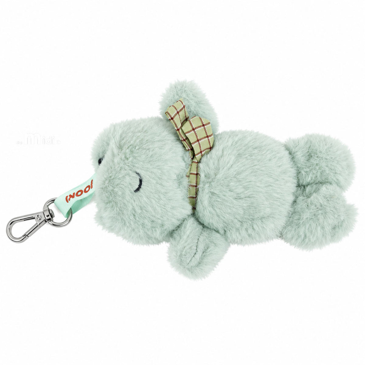 Mint plush frog keychain with plaid detail and metal swivel clasp