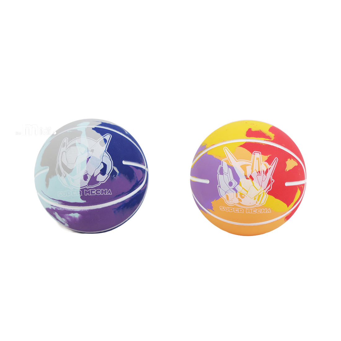 Mini basketball set of two, blue/purple and red/yellow mech designs