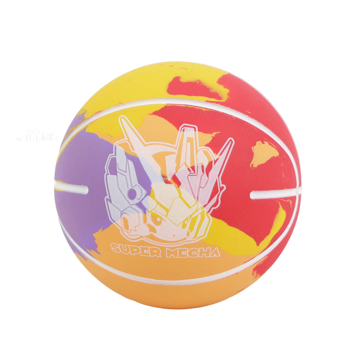 Mini basketball with red, yellow, purple, and orange mech graphic