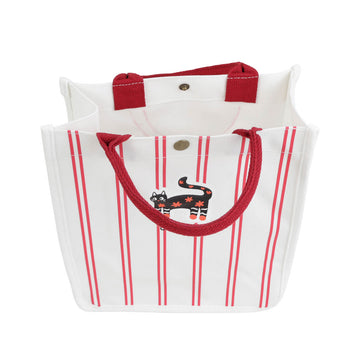 Red-striped pet handbag with cat applique and red top handles