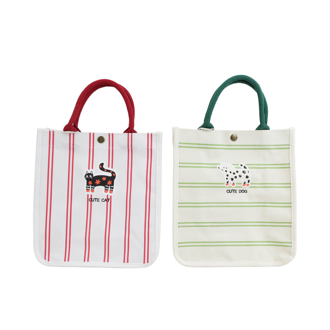 Set of two pet stripe handbags: red cat bag and green dog bag with top handles
