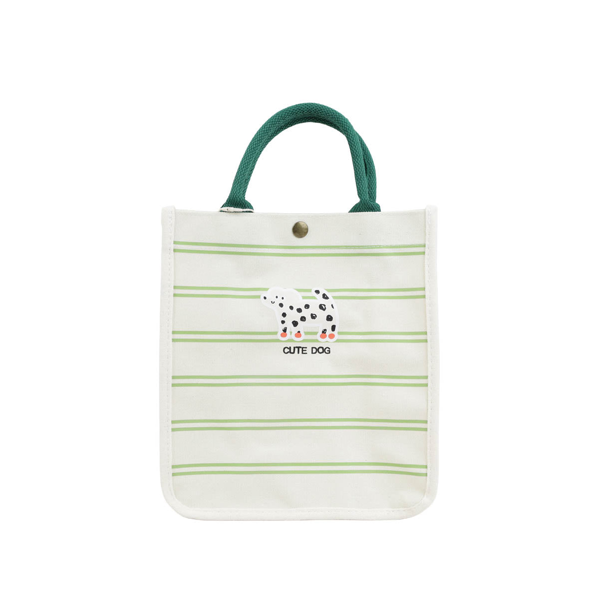 Green-striped pet handbag with dog applique and green top handles