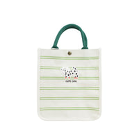 Green-striped pet handbag with dog applique and green top handles