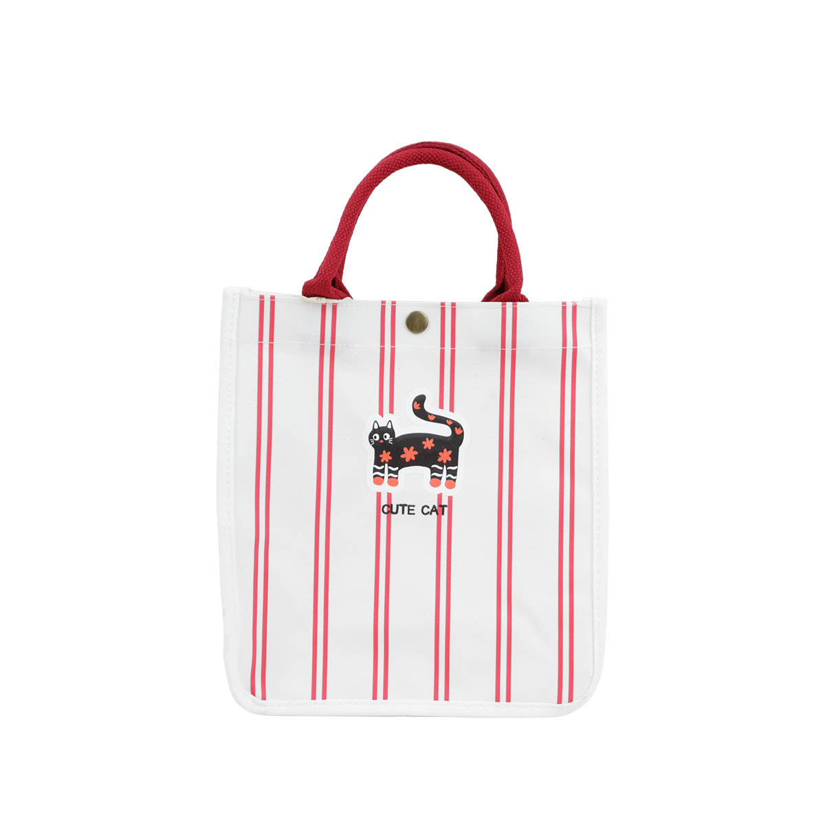 White striped pet handbag with cat applique and red top handles