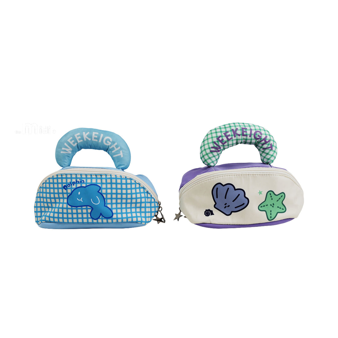 Plaid ocean-themed makeup bags, blue and purple, with curved top handle and zipper.