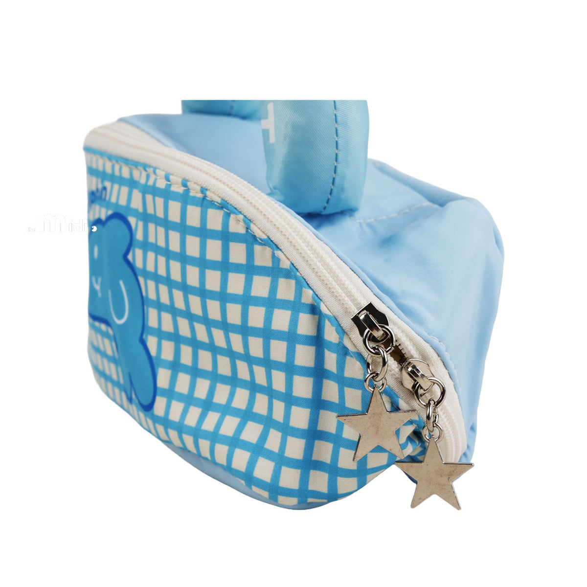 Blue plaid ocean makeup bag with zipper, star charm, and curved carry handle.