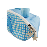 Blue plaid ocean makeup bag with zipper, star charm, and curved carry handle.