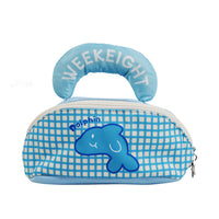 Blue plaid ocean makeup bag with dolphin applique and curved top handle, zip closure.