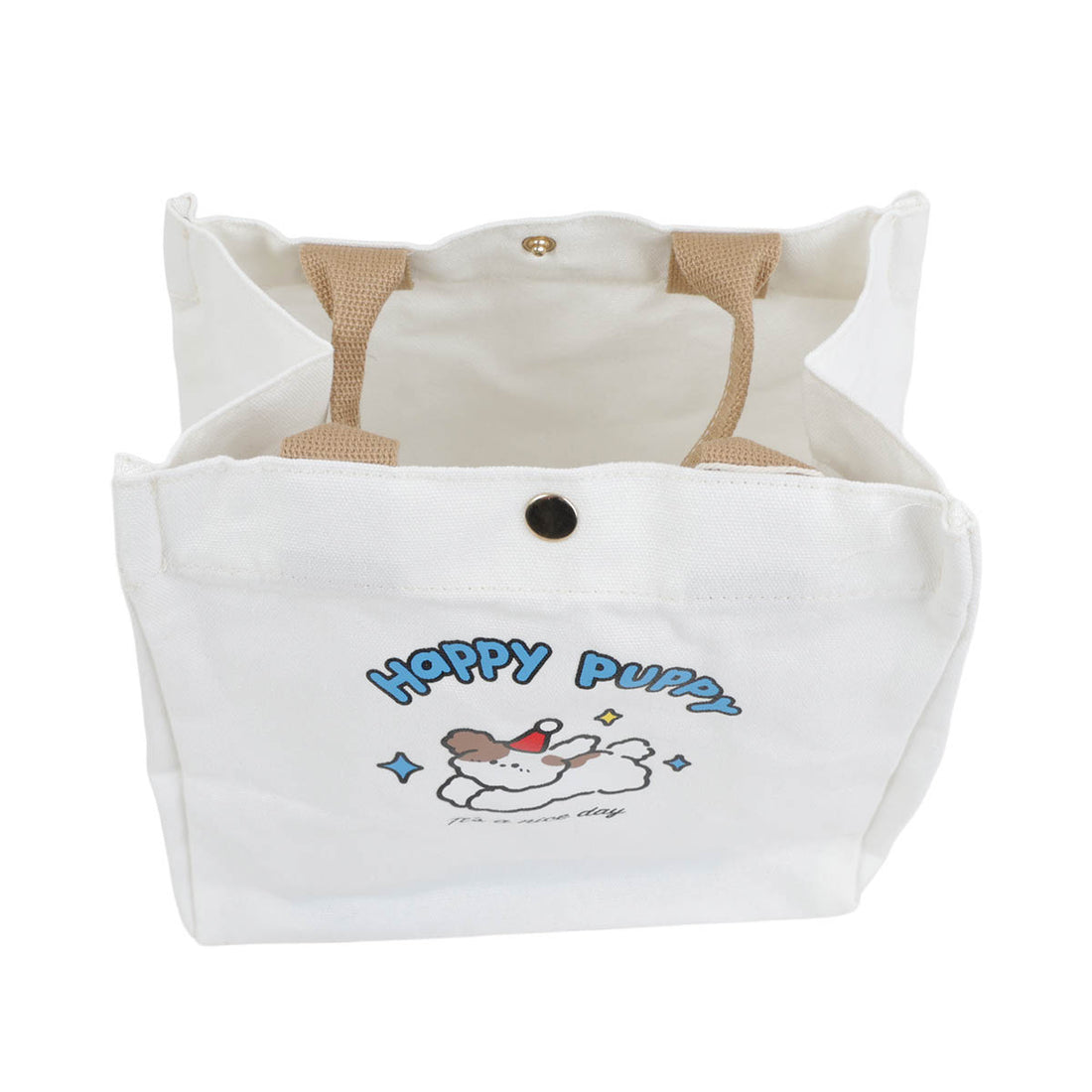 White handheld bento bag with dog cartoon graphic and buttoned top