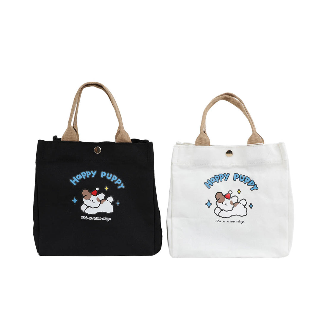 Set of two handheld bento bags: black and white, each with Happy Puppy dog graphic