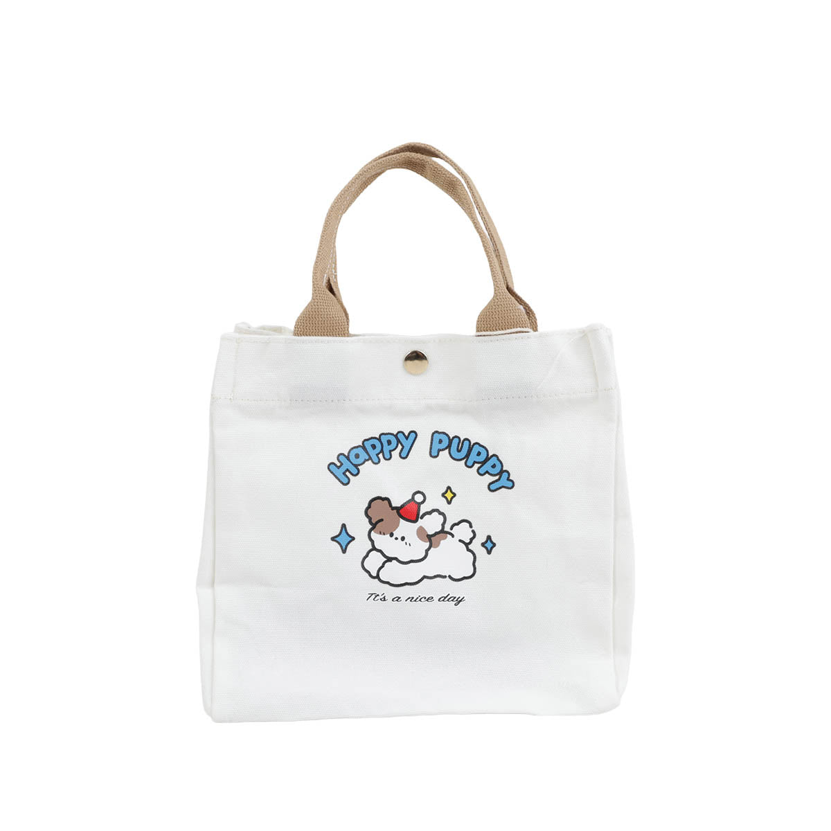 White handheld bento bag with Happy Puppy dog cartoon and small gold button