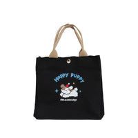 Black handheld bento bag with Happy Puppy dog cartoon and small gold button