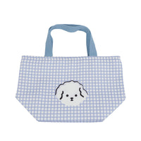 Plaid light-blue handheld bento bag with dog face front and top handles