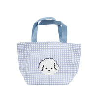 Plaid light-blue bento bag with dog face applique and two short top handles