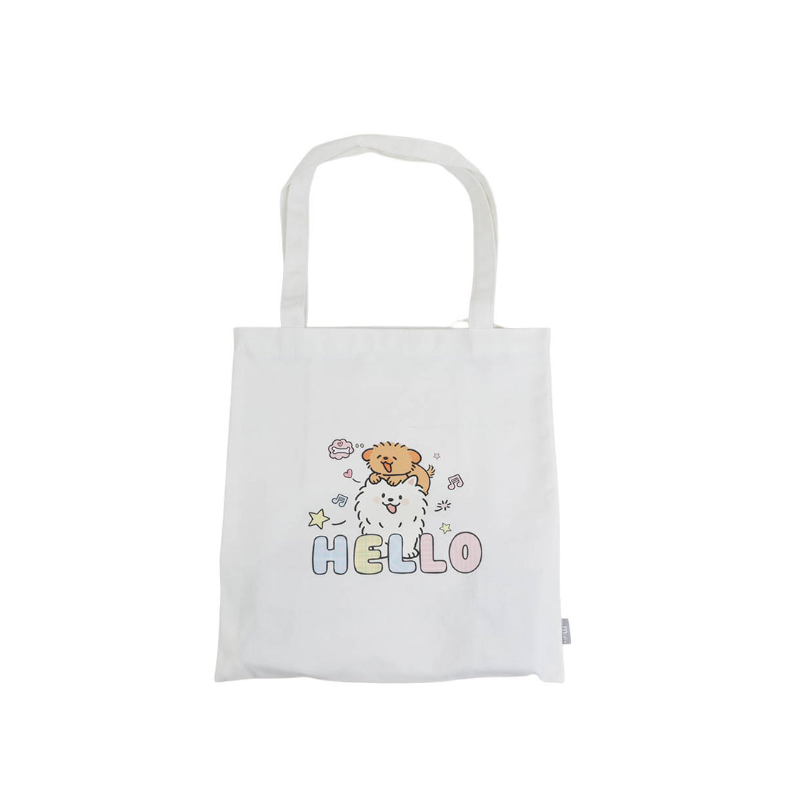 White canvas shoulder tote bag with puppy 'HELLO' graphic