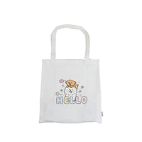 White canvas shoulder tote bag with puppy 'HELLO' graphic
