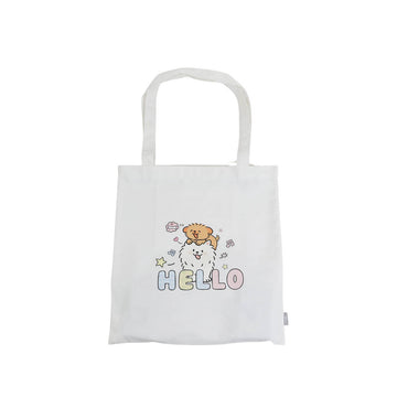 White canvas shoulder tote bag with puppy 'HELLO' graphic
