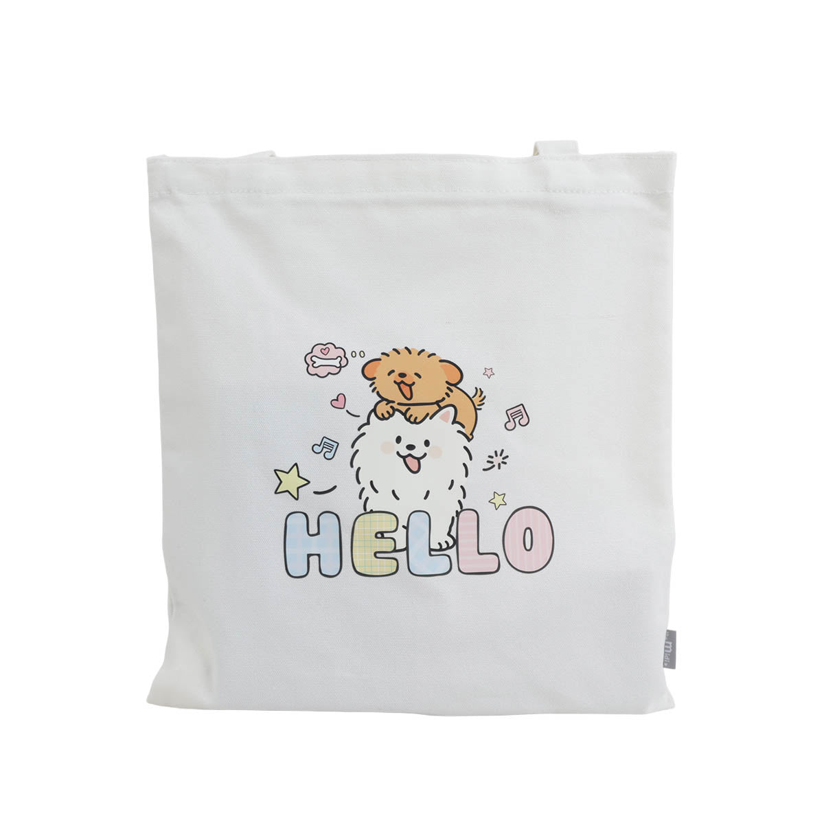 White canvas shoulder tote bag, back with puppy 'HELLO' and star icons