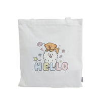 White canvas shoulder tote bag, back with puppy 'HELLO' and star icons