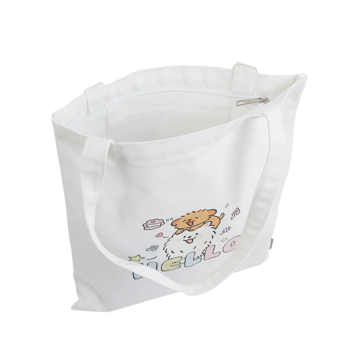 White canvas tote bag with puppy 'HELLO' print and open top with handles