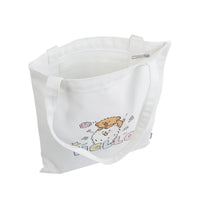White canvas tote bag with puppy 'HELLO' print and open top with handles