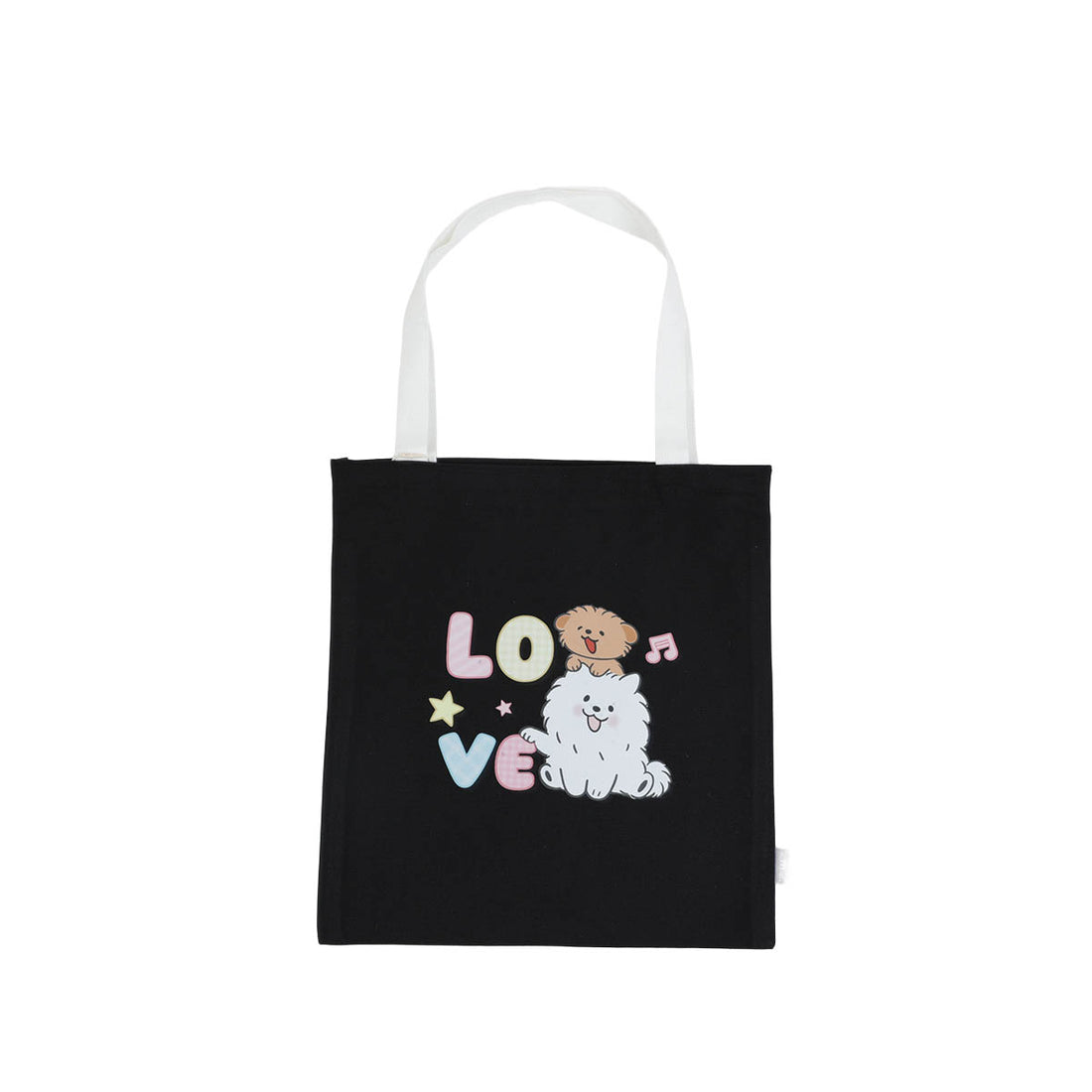 Black canvas shoulder tote bag with colorful 'Love' dog graphic and top handles